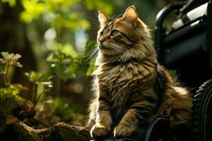 Park outing, wheelchair bound cat embraces mobility, a resilient pet defying limitations AI Generated photo
