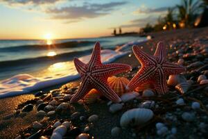 Twilights charm, pair of starfish rest upon beach, silhouette against setting sun AI Generated photo