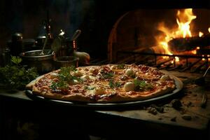 casero pizzería configuración, Roca cocina, flameante fuego, y Agua en la boca pizza, evocando tradicion ai generado foto