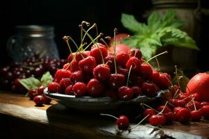 Fresco verano desparramar, cerezas, bayas, granada en madera crear un delicioso cuadro ai generado foto