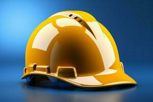 Yellow safety helmet pops against 3D rendered blue backdrop, creating impactful contrast AI Generated photo