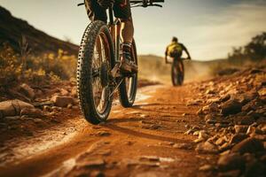 espalda ver montaña bicicletas neumático y jinetes pie en marrón suciedad camino ai generado foto