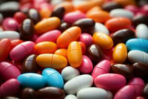 Heap of pills, various colors, packaged in plastic Medicinal assortment encapsulated AI Generated photo