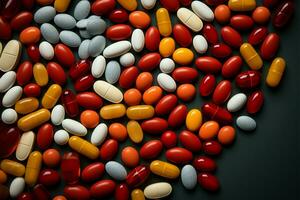 Assortment of pills on red backdrop, text friendly Patterns highlight pill identification AI Generated photo