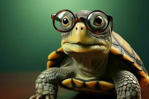 inteligencia Satisface monería, Tortuga con lentes en rojo fondo, borroso verde ai generado foto