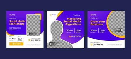 Gradient Blue Webinar Social Media with Speaker Frame Photo Concept. Social Media Template for Feed,Post and Promotional Ad on Website. vector