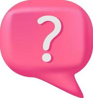 Question sign on pink speech bubbles. Vector 3d render speech bubble. Question and answer bubble in pink colors. Support chat 3d banner. Information tag shape. Quiz answer label.