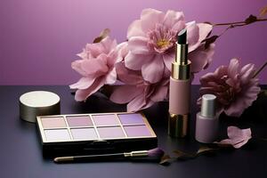 vibrante púrpura antecedentes Hospedadores productos cosméticos y un solitario, elegante flor ai generado foto