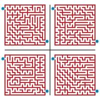Set of square maze game puzzles,one entrance,one exit,labyrinth conundrum,flat vector illustration isolated on white background.