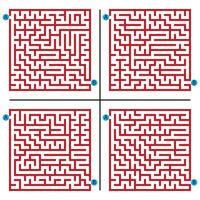 Set of square maze game puzzles,one entrance,one exit,labyrinth conundrum,flat vector illustration isolated on white background.