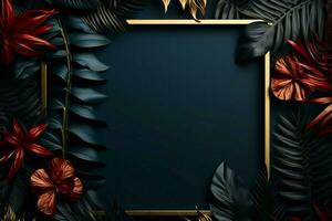 Exotic elegance tropical leaves frame rich, dark blue background beautifully AI Generated photo