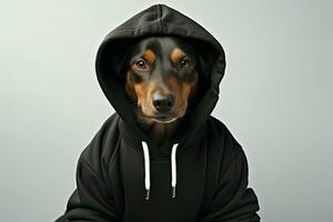 Hooded black cotton hoodie lends a pensive air to dogs expression AI Generated photo