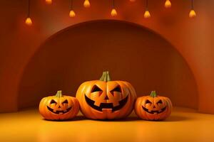 Abstract podium with 3D rendered jack o lantern pumpkin on orange Halloween background AI Generated photo