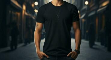 Black tee with back design showcased on a fashionable young man AI Generated photo