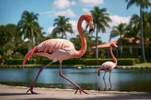 Pink flamingo on green lawn near exotic palms, summer AI Generated photo