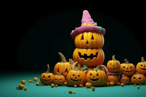 Playful 3D rendered Happy Halloween scene with jack o lantern pumpkins and colorful candies AI Generated photo