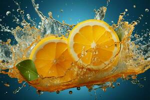 Vibrant lemon splash isolated, a zesty, eye catching shot for compelling advertisements AI Generated photo