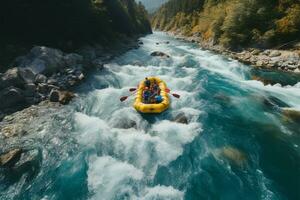 un aéreo perspectiva revela emoción buscadores canotaje abajo un montaña río ai generado foto