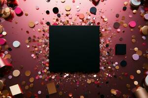 Makeup and confetti encircle a central black square, festive ambiance AI Generated photo