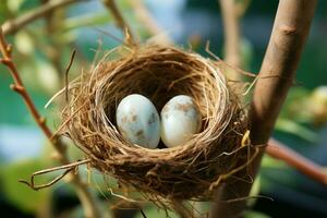 A nest cradles two magpie robin bird eggs on a tree branch AI Generated photo