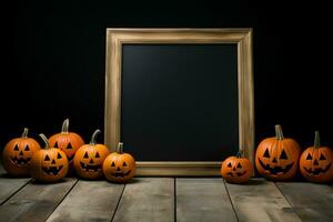 Chalkboard stand features Halloween pumpkins on a black background, wooden floor AI Generated photo