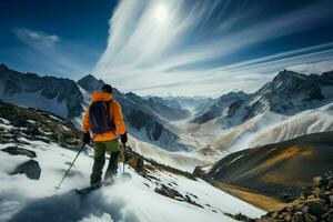 un hombre, mochila en, admira el vastedad de un montaña paisaje ai generado foto