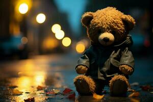 Amidst a rainy night, a lone, sorrowful teddy bear lingers AI Generated photo