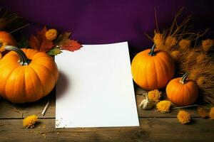 blanco papel murga para inspiración junto a vibrante otoño calabazas ai generado foto