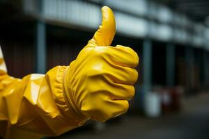 Confident assurance, Yellow gloved hand offers thumbs up, symbolizing everything will be fine AI Generated photo