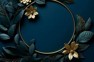 Nature themed elegant blue backdrop, gold bordered circle leaves enhance allure AI Generated photo