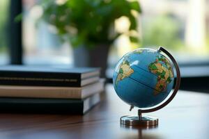 Small blue globe on a desk, representing global awareness AI Generated photo