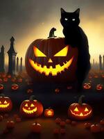 Halloween Black Cat With Scary Laughing Pumpkin Patch Night. Generative AI photo