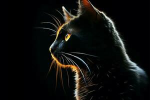 sorprendentes negro gato silueta en contra un hermosa oscuro fondo ai generado foto