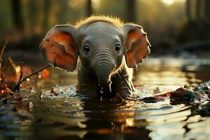 Tiny elephant revels in puddle, its adorable antics captivating all who watch AI Generated photo