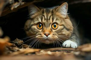 Panic stricken cat found hidden in closet Womans hand reveals its secret refuge AI Generated photo