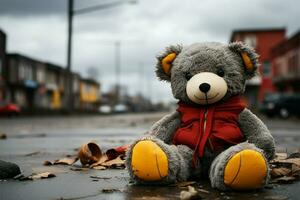 Well worn plush abandoned on street, a testament to cherished memories AI Generated photo