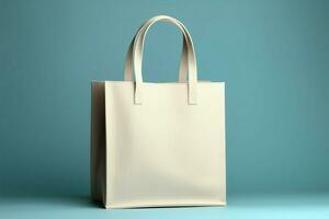 Neutral canvas white paper bag with handle on beige background AI Generated photo