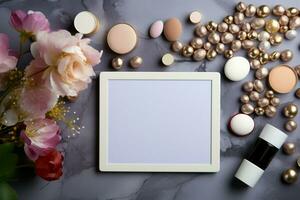 Cosmetics encircle a tablet with a pristine white screen, beauty tech AI Generated photo