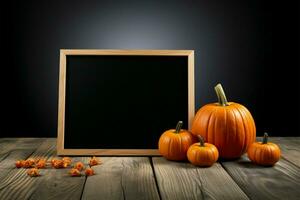 Blackboard stand, Halloween pumpkins, on a wooden floor against black AI Generated photo