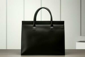 Minimalist elegance Black bag against a white wooden tabletop AI Generated photo