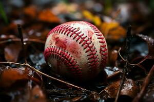 Baseball rests amidst autumn leaves in rain gutter, blending sports with seasonal beauty AI Generated photo