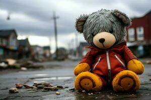 Weathered soft toy, once cherished, now quietly rests on pavement AI Generated photo