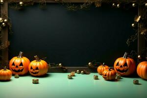 Creative Halloween concept decor in top view on an orange paper table background AI Generated photo