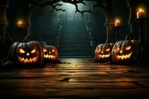 Carved pumpkins on a moonlit wooden floor   eerie elegance AI Generated photo