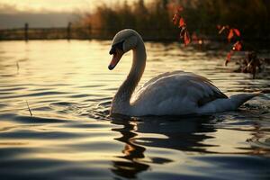 Swan with a distinctive red beak gracefully traverses the pond AI Generated photo