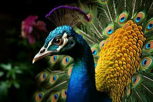 el vibrante cola plumas y agraciado muestra de un masculino pavo real hipnotizar ai generado foto