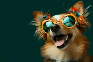 adornado con linda anteojos, el perros sonrisa irradia irresistible encanto ai generado foto