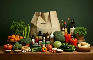 Eclectic mix cascading into a paper sack, diverse groceries blend AI Generated photo