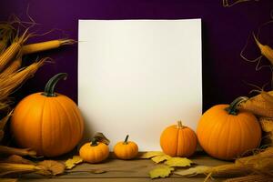 Creative potential Pumpkins stand beside an empty paper canvas AI Generated photo