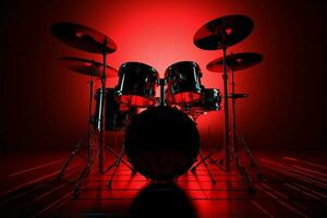 Dynamic, 3D rendered drum kit, red backlit, sets pro stage ambiance AI Generated photo